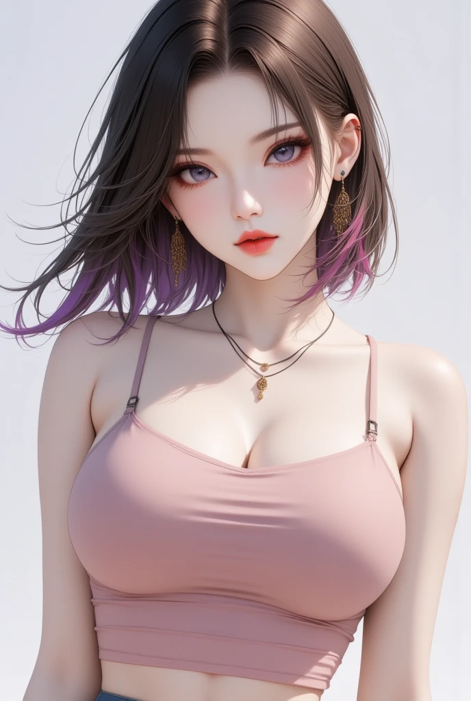 (masterpiece, best quality, (1girl:1.5), solo, intricate details, chromatic aberration), (realistic), (skin), ((breath)), (wavy black hair, bob cut, blunt bangs), detailed hair, red head ornament, blue highlights, hair over one eye, small earrings, sharp eyes, purple eyes, choker, ((pink crop top )), (skirt), open waist, (symmetry eyes), (perfect symmetrical body), night, (((natural light))), backlighting, against grey wall, dim lighting ,look at viewer, ((centered shot, from front,(face and waist))), (large breasts: 1.2), cleavage, smiling