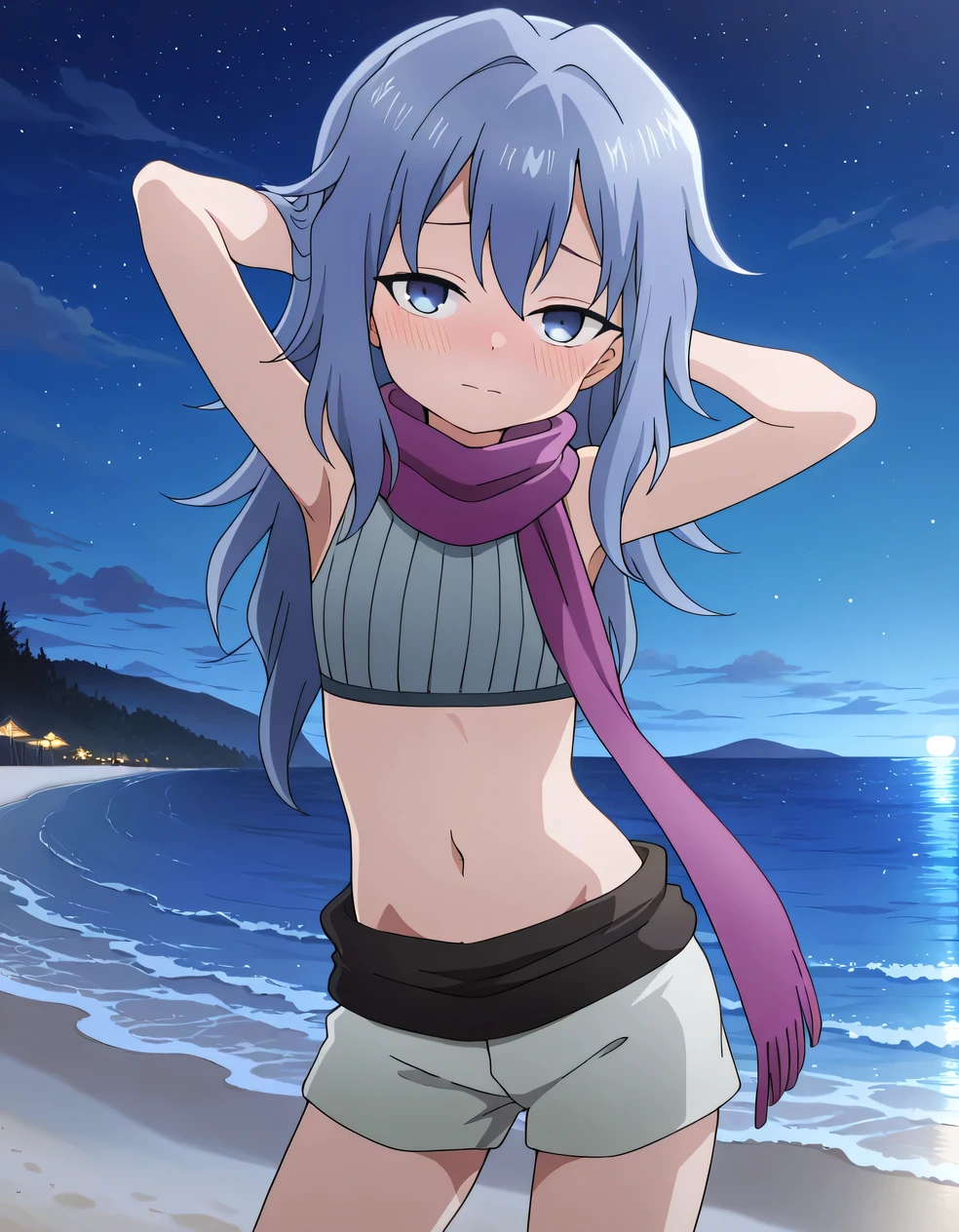 Hagi, blue eyes, blue hair, long hair, crop top, sleeveless, purple scarf, shorts, high quality, solo, (contrapposto), hands behind head, closed mouth, night sky, beach, cowboy shot, looking at viewer, blushing, shy, best quality