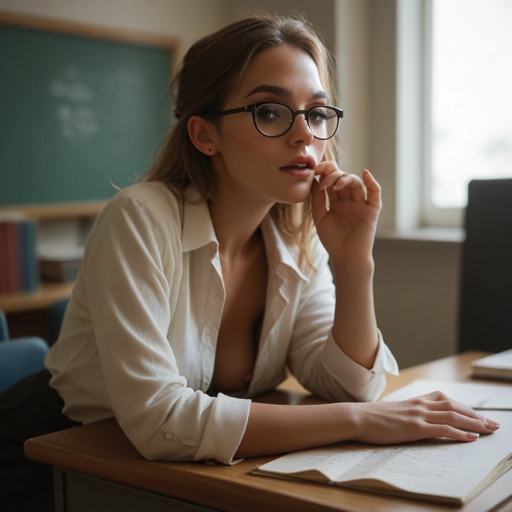 Highest quality, (dramatic lighting:0.7), masterpiece, full body wide shot, RAW photo of (pale 35 year old beautiful women with a brown ponytail, looking up at the viewer), wearing glasses, cute, (wearing a tight blouse with top two buttons undone, Disheveled), (sitting in on a desk at the front of a classroom, ), portrait, perfect face, alluring eyes, vivid detail, (highly detailed skin), sfw, (blue tint:0.6), (dirty:0.8), (bloody:0.7), key lighting, (backlighting:0.5), medium depth of field, photographed on a Canon 5D, 50mm lens, F/4 aperture, (hyperdetailed, intricate details), sharp focus, muted colors, 8k, absurdres, 8mm film grain