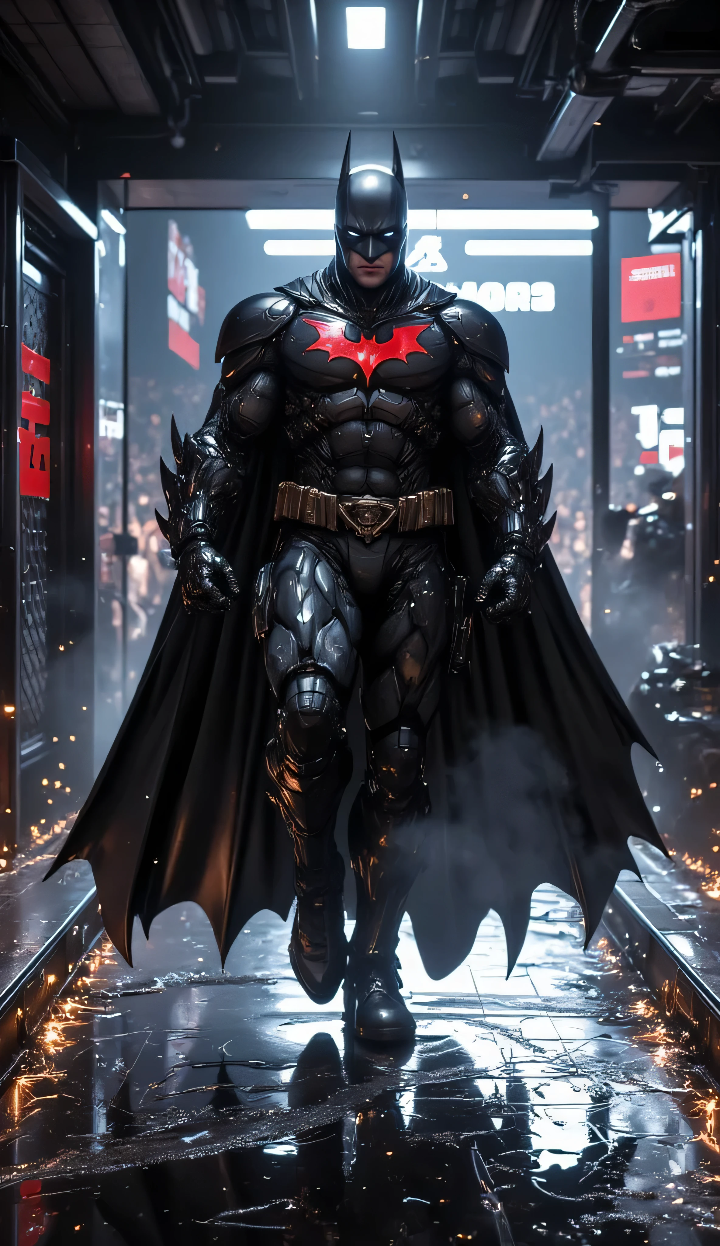 *A highly detailed, ultra-realistic cinematic image of Batman fully armored, walking with slow, purposeful strides through a dark, industrial corridor leading to a roaring UFC-style arena. His matte black armored Batsuit glistens under cold overhead lights — reinforced carbon plates, crimson-glowing bat symbol, and a tactical cape flowing behind him with weight and motion.
Sparks fly along the edges of the metal hallway as he passes, casting flickering reflections on the wet floor. His footsteps are heavy and deliberate, echoing ominously in the narrow passageway. Every muscle in his body is tense beneath the suit, his fists clenched, eyes glowing faint white from under the sculpted cowl.
Behind him, the Batcave’s vault-like door slowly closes, while in the distance ahead, flashes of crowd lights and muffled chants leak from the arena. Smoke rolls along the floor, the atmosphere charged with tension.
This is Batman on his way to battle — no fear, no hesitation. Just calculated power and unstoppable will. Every detail in 4K photorealism — from micro-scratches on his armor to glistening steam rising in the corridor.*