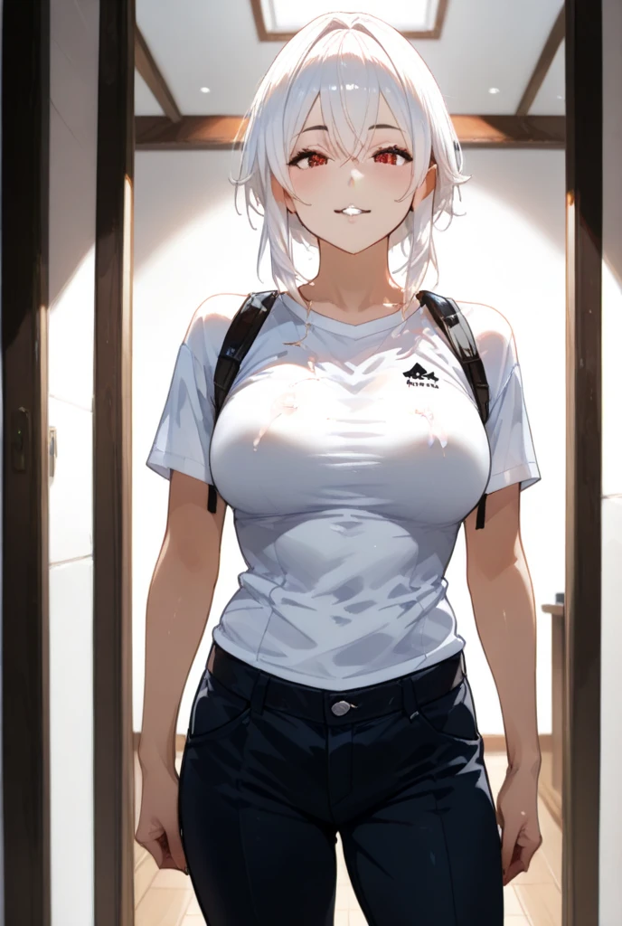 young girl, short gray hair, red-eyes, white tanktop, Upskirt, ssmile, backpack, stocklings, Masterpiece, hiquality