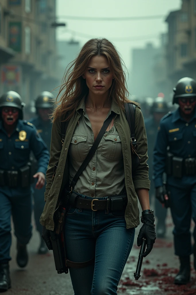 Create image depicts a young woman standing in a post-apocalyptic urban setting. She has a determined and resilient expression, with bright blue eyes that stand out against her slightly dirty face, which shows signs of hardship and survival. Her hair is tousled and pulled back, with loose strands framing her face. She wears a worn, faded denim shirt with visible tears and huge breasts, over a gray tank top, along with military-style green pants. Her arms show signs of minor injuries or scrapes, emphasizing the tough conditions she's been through. A large backpack is slung over her shoulders, indicating she's on the move, possibly scavenging or searching for something. The background consists of tall, dilapidated buildings, some with broken windows, and a partially wrecked, yellow school bus. The entire scene conveys a sense of desolation, struggle, and survival in a harsh, abandoned world.
