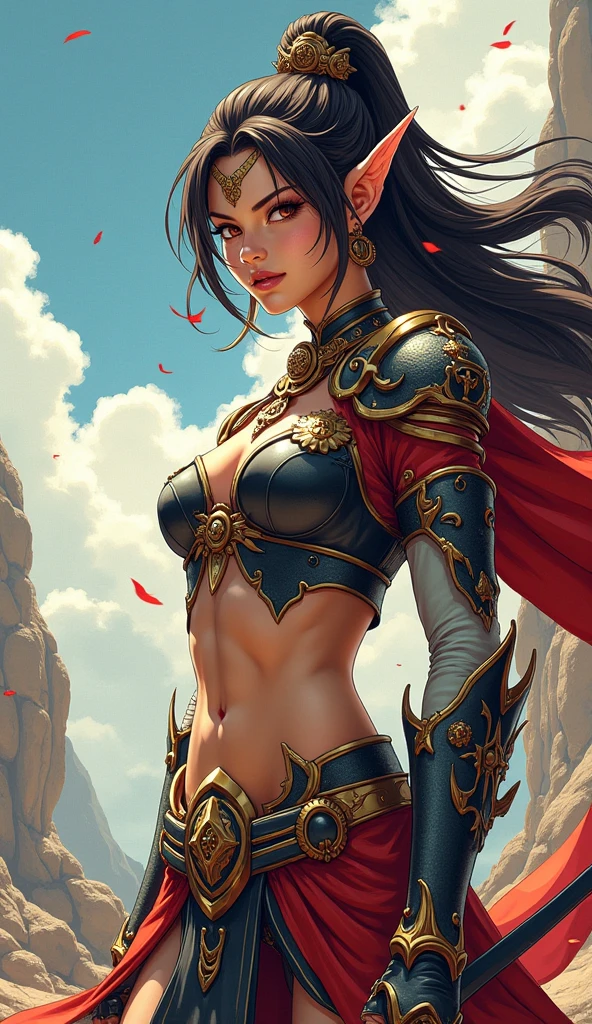 (((Big Tits)))、Swordswoman Fighting type Female、Abdominal Tights、Full body standing、(Cartoon:1.8)、anime