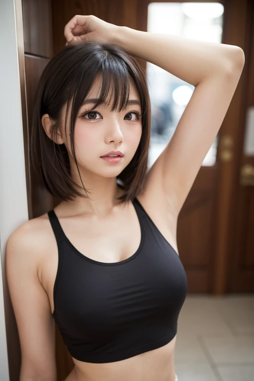 (RAW Photos), (Small breasts:1.0), (Sharp focus: 1.5), (Super detailed), (Intricate details), (Shiny skin:1.5), (Oilskin:1.0), (最high quality, High resolution, High resolution:1.5), (Upper body portrait:1.5), (Realistic: 1.37), (Ultra-realistic,32k), (Skin with attention to detail:1.1),(high quality:1.1), High resolution, Super detailed, Very detailed, Very complicated, Film Grain, (Photo of a 19-year-old Japanese woman:1.5), (Are standing at gas station), (smile:1.5), (Brown Hair, Short Hair), Very detailed face, Very large eyes, (Tank top, Shorts:1.5), (Very detailed skin texture, Realistic dull black skin noise, dry skin, Age-related wrinkles:1.6), whole body, Are standing, Positive, View your viewers, Cowboy Shot, Perfectly centered, Natural light