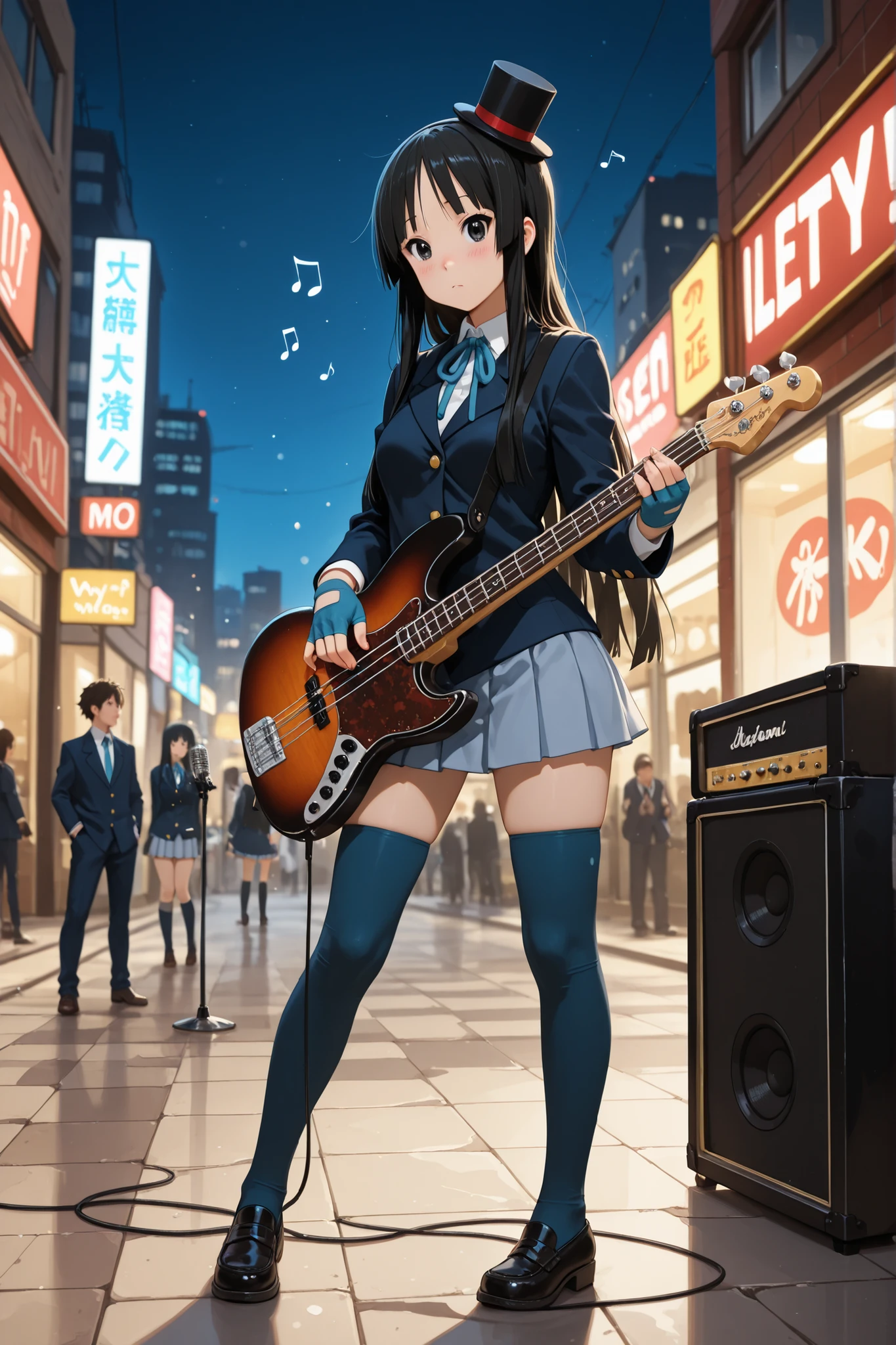 1 girl, akiyama mio, socks, striped, gloves, maid, uniform, listen!!, top hat, school uniform, blush, long hair, black eyes, mini hat, instrument, mini top hat, hat, sakuragaoka high school uniform, alternative hairstyle, skirt, moe moe kyun!, thigh highs, dress, legs, navy blue tights, bass guitar, microphone, speaker, left-handed, blazer, fingerless gloves, hime cut, straight bangs, shoes, thigh highs, outdoors, city, night, musical notes floating in the air