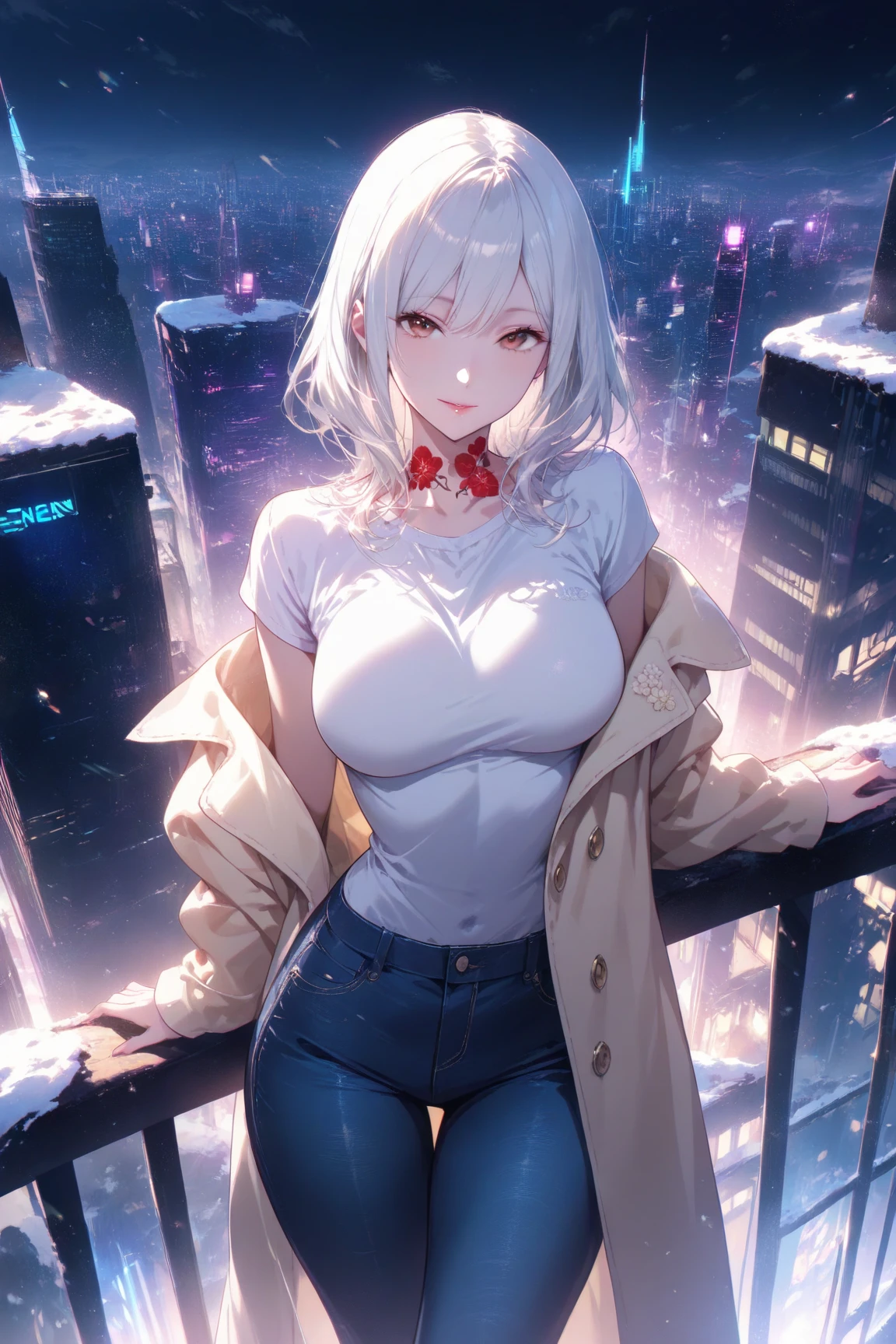 japan, highres, highest quallity, illustration,  ultra detailed, (detailed face), (detailed eyes), soft lighting, best quality, hazy glow, dreamy atmosphere, hyper detailed, masterpiece, 1girl, solo, silver hair, green eyes, knitwear, luminous eyes, medium breasts, (colorful), cowboy shot, from below, outdoors, morning, clouds, tall buildings in background, industrial, public transportation, urban, concrete buildings, concrete, sidewalk, busy, trees, autumn, falling leaves, big tits, naked, no cloths.