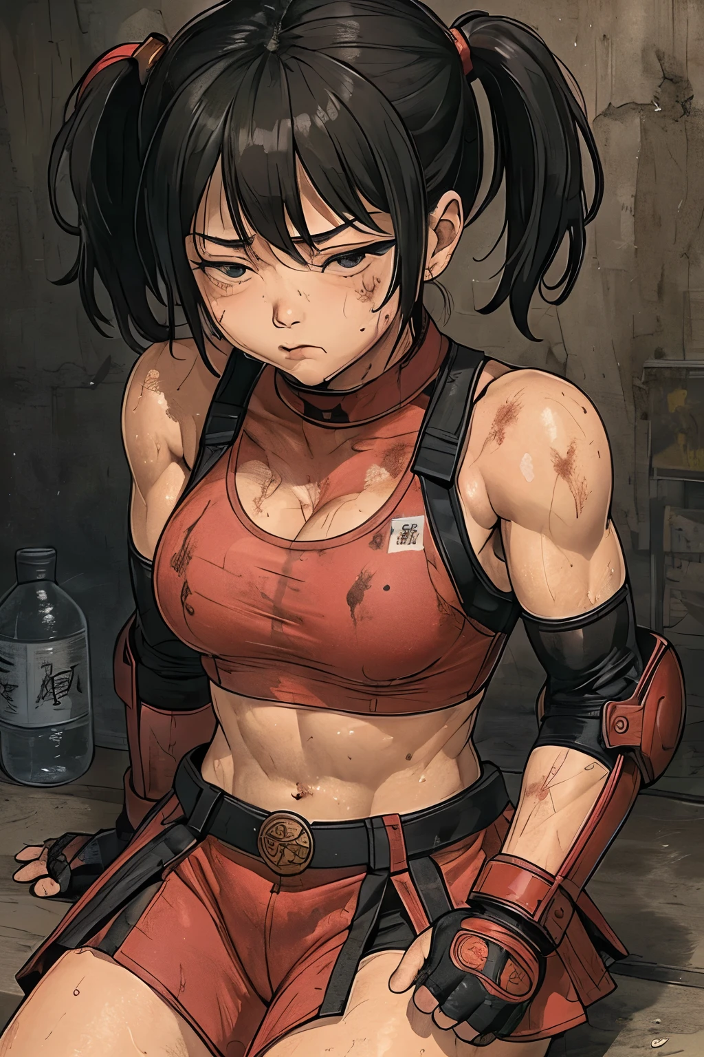 (1 girl solo) kneeling solo abs angry ((crying)) ((bleeding)) torn clothes pale skin bodybuilder huge  sweaty foggy steam black hair yellow eyes very long hair (((hands behind back))) (from above)