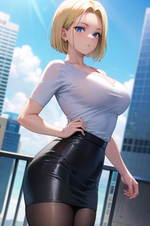 A cute sexy woman beautiful ash blonde hair round short messy cut her slanted orange eye wears white blouse under simple purple shirt and a tight black skirt black heel