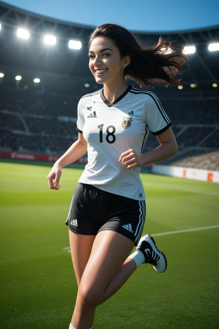 german beautiful female woman in german sexy soccer dress, photorealistic, german soccer dress uniform, inside german soccer stadium em 2024, blurred in the background soccer game, many german flags , spectators in the stadium

