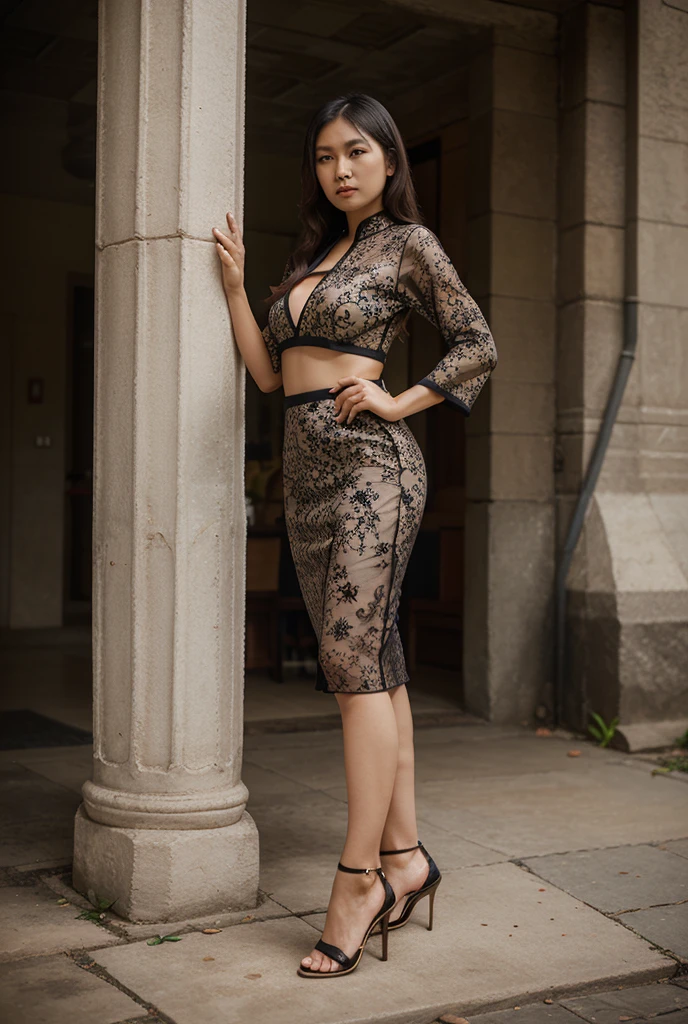 A captivating photograph of a stunning Korean woman, dressed in a black kebaya and a spiral luxury batik skirt made from jasmine flowers and reflective metallic textures. The skirt flows gracefully, showcasing leaf-like patterns and pelagic colors that shimmer in the light. Her long hair is elegantly tied in a bun. She faces the camera, standing on luxurious stairs surrounded by colorful neon walls with black highlights, creating a touch of fantasy. The image adheres to the Rule of Thirds, capturing the woman's entire body in a striking pose, and the high octane render and portrait photography style bring out the glamour and sophistication of the scene.,UHD,32K, high octane render, portrait photography