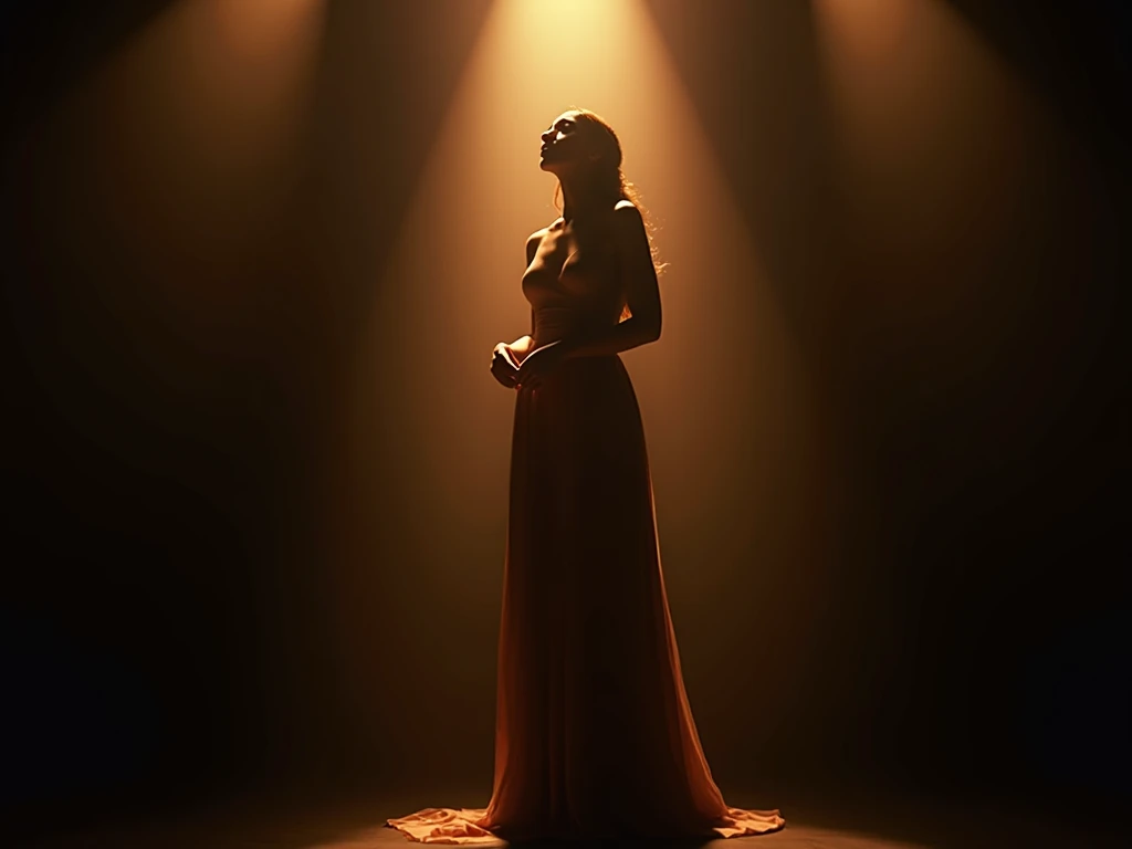  brunette teenage girl.60 height curly hair , singing with elegant, realistic and modern dress on a stage with an inverted triangle body