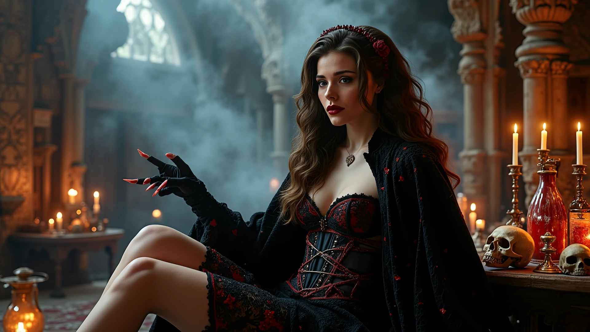 A strikingly beautiful gothic female vampire witch graces the scene, clad in a luxurious tight-fitting lace corset that accentuates her long, elegant legs. Her flowing cloak, adorned with intricate straps and shimmering red trim, drapes elegantly around her, embellished with exquisite diamonds and lavish accessories that catch the light. Posing in an opulent ancient castle alchemist room, she embodies the perfect fusion of high fashion and dark allure. The atmosphere is dramatically illuminated by volumetric light, casting ethereal beams that enhance her otherworldly beauty, while the scattered skulls and potion vials—crafted from crystal and adorned with jewels—reflect the soft glow, creating an enchanting yet haunting ambiance. Smoke swirls around ornate gothic candles, their flickering flames illuminating the opulence of her surroundings and casting eerie shadows that dance across the intricately designed stone walls, perfectly complementing her captivating presence.