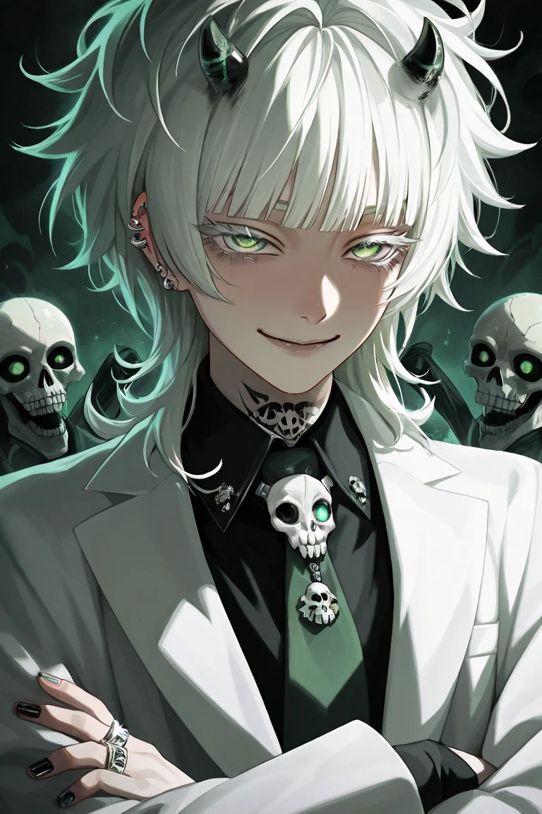 Man with short messy wavy white hair, dull light green eyes, long pale eyelashes, skin fair, mischievous look and smile, lip piercings and black earrings in the ears. Wears a black suit with white details and a green tie, uses a skull-shaped tie clip, holding the lab coat in one arm, skull shaped neck tattoo, black fingerless gloves and black painted nails and is a scientist.
