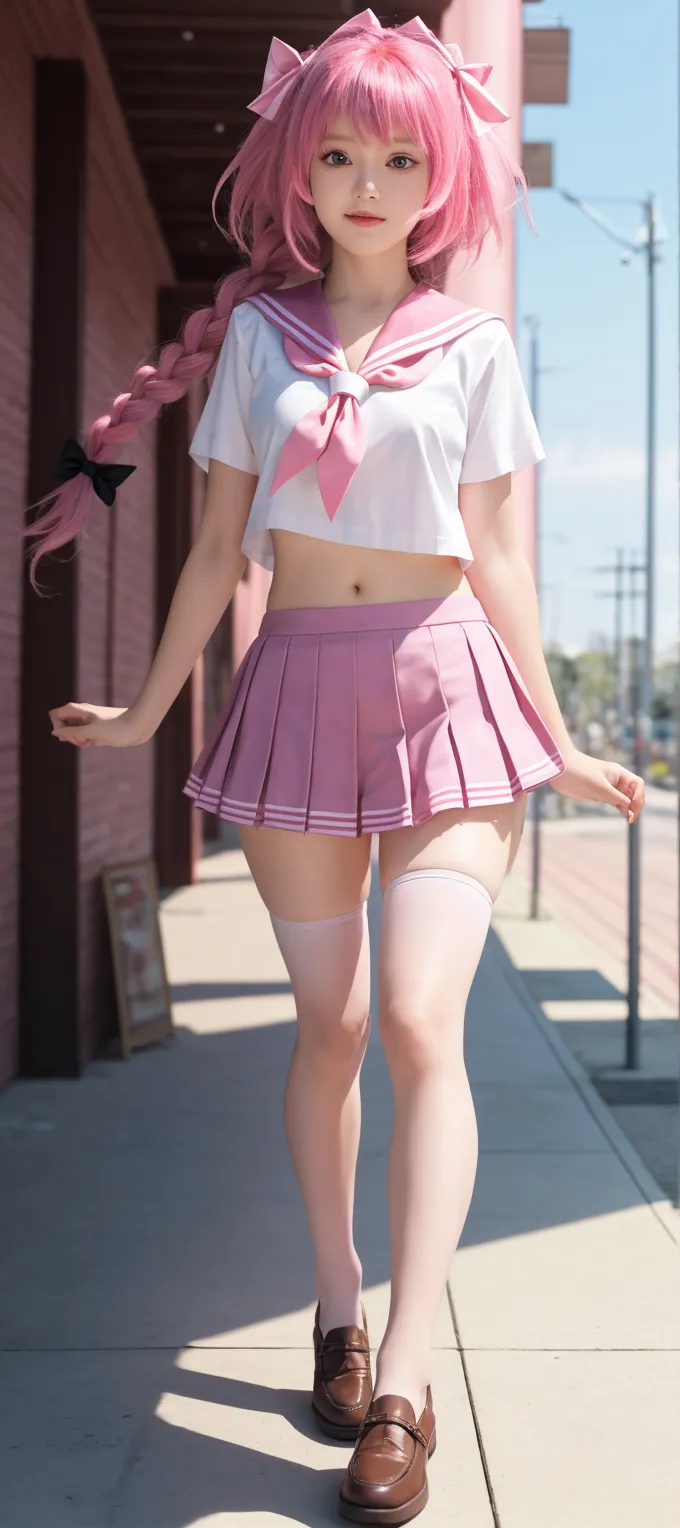 1 girl, minamoto_shizuka, bangs, ((pigtails))), elementary school student, , (((((pink top, pink skirt, white socks, white panties, big, tall girl))))), ()( (((Towering Legs: 5.0, Towering Body: 5.0, Giant: 2.0)((Panty Focus: 50.0))))), (Perspective on legs: 10.0)))),