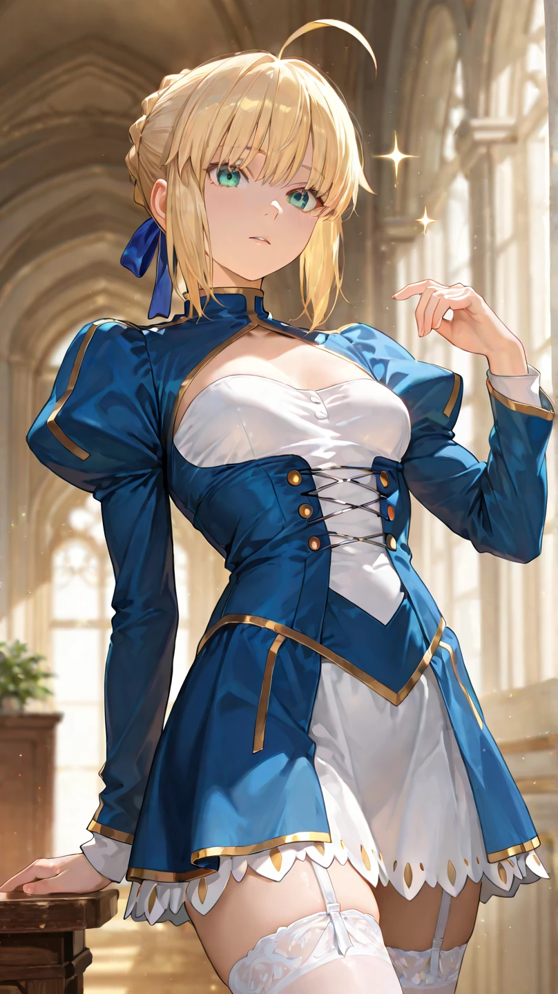 masterpiece, best quality, highres, ccsaber, blonde hair, green eyes, ahoge, ancient Roman tunic, ponytail, Chest cleavage, bare shoulder, large full breasts, big breasts, pointed ears against the background of an ancient Roman city