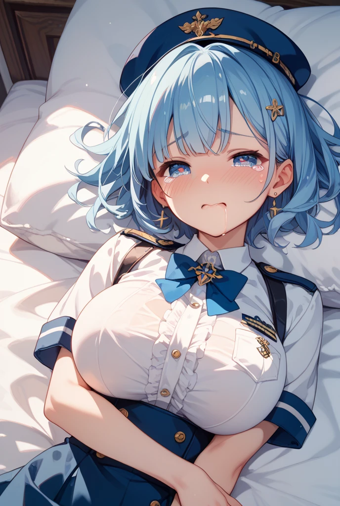 JK uniform, ultra-delicate face, delicate eyes, cleavage, lying on bed, lots and lots of loads of white sticky semen all over her lots and lots of loads of white sticky semen all over her face, lots and lots of loads of white sticky semen all over her skirt, lying on the bed, sucking/blowing a penis with semen overflowing