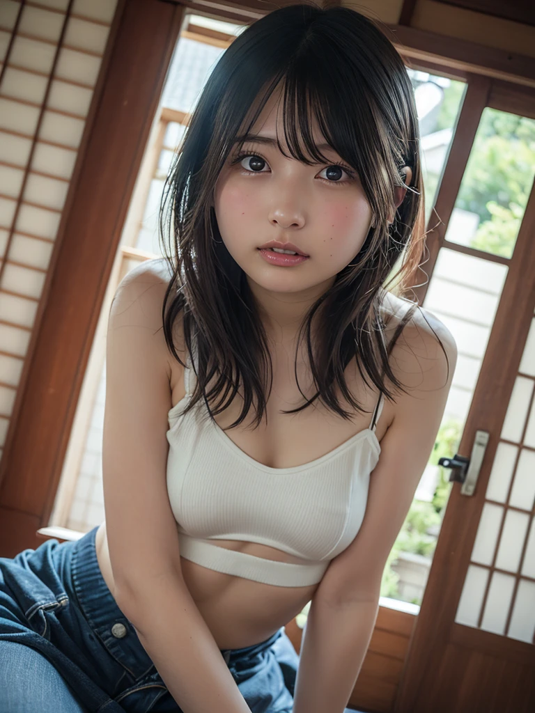 (((Top-down configuration:1.33)))、((No underwear:1.55))、One Girl、Beautiful and detailed eyes and face、barefoot、20 year old cute Japan woman, ((Extremely precise and accurate anatomy:1.0)), (photo Realistic:1.4), (hyper Realistic:1.4), (最高品質のRealisticな肌の質感:1.4), (Improvement of quality:1.4), (Enhances the beauty of skin texture:1.1), Clean and glowing skin, mesh, thin:1.2, (Realistic:1.3), Realisticなライティング, (Smoother lighting:1.05), (Improving the quality of cinema lighting:0.9), Backlight, A gentle light shining on your face, Ray Tracing, (Bright light:1.2), 32k, One Japanese woman, fine grain, Detailed face, (Film Grain:1.1),(Accentuates body lines:1.1), High resolution, Natural look, Kind eyes, Improves hair quality, Delicate light and shadow, Transparent muscle, Graceful pose, Beautiful Eyes, Sharp details, Soft light reflection, Beautiful contours, Delicate skin tone, Fine hair texture, Natural background, (((sunny day、Beach、A strong wind is blowing、Her hair and skirt are flying、Squat, Traditional navy blue sailor uniform、Open shirt、Pleated skirt、Scooping seawater with hands:1.25、splash、Sandy Beach、Light of the sun、clear blue sea、The waves crash quietly、Blue sky and white clouds、green mountain々、Beautiful Nature、The joy of youth)))、