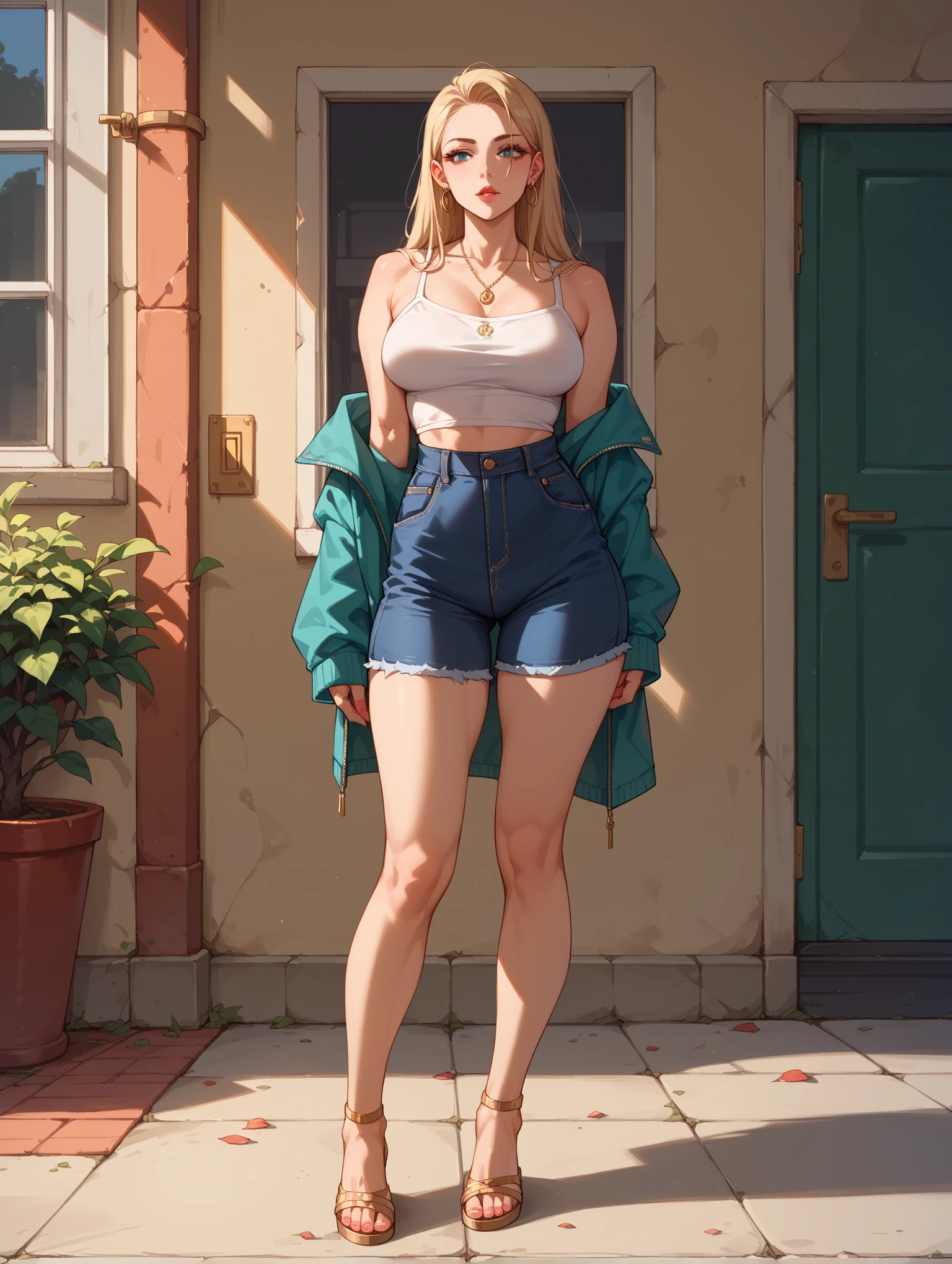 (woman)(child)(15 years old)，(young)，Baby Face，American，（masterpiece，Highest quality），(Perfect Face)，((stomach))，((Underboob))，(Blonde，long hair)，ボロボロのcamisole，Torn clothes(camisole)，(Underboob)，Damage shorts，Tattered shorts，(belly button)，belly button出し，stomach，arm，(ミニcamisole)，Micro length(Denim shorts)，(Open button)，(barefoot)，(Metropolis)、