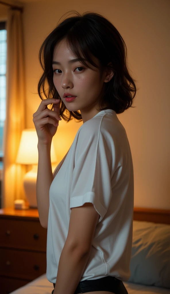 anikaxxx, ultra-realistic, woman waking up in bed, soft morning light, short t-shirt, disheveled hair, natural beauty, sunlight filtering through curtains, comfortable bed, highly detailed skin, photorealistic.