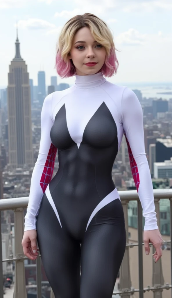 Ultra HD, Artwork, accurate, Anatomically correct, super details, high details, high quality, best quality, 8K, High resolution. The heroine, Spider Woman (Gwen Stacy), looks gorgeous in a full-length photo. Blue eyes, very short blonde hair, turn her into a goddess of beauty. Spider Woman's costume consists of: Tight jumpsuit with black and white stripes, reminiscent of a spider web, Black boots with white details, white gloves, A black sweatshirt or jacket with white stripes. she looks very sexy, drawing attention to her big breasts and muscular body. She is at the top of a building.