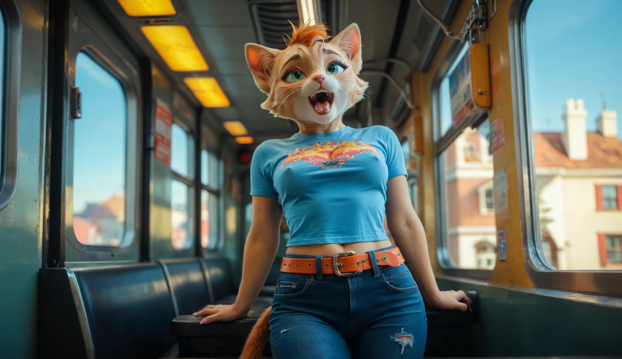 An orange fluffy anthropomorphic cat with a frantic expression, and an open mouth, as if they were screaming, When she clings to Zug's window on the outside. The train is clearly visible in the picture. This cat is wearing a tight black T-shirt and blue jeans with a small belt, creates a delightful yet dramatic look. His hands are stretched forward, as if he were trying, To grab something, to save himself, while his tail flutters due to wind speed. The background shows a rapidly passing landscape, reinforces the impression, that this event took place at high speed in 3D