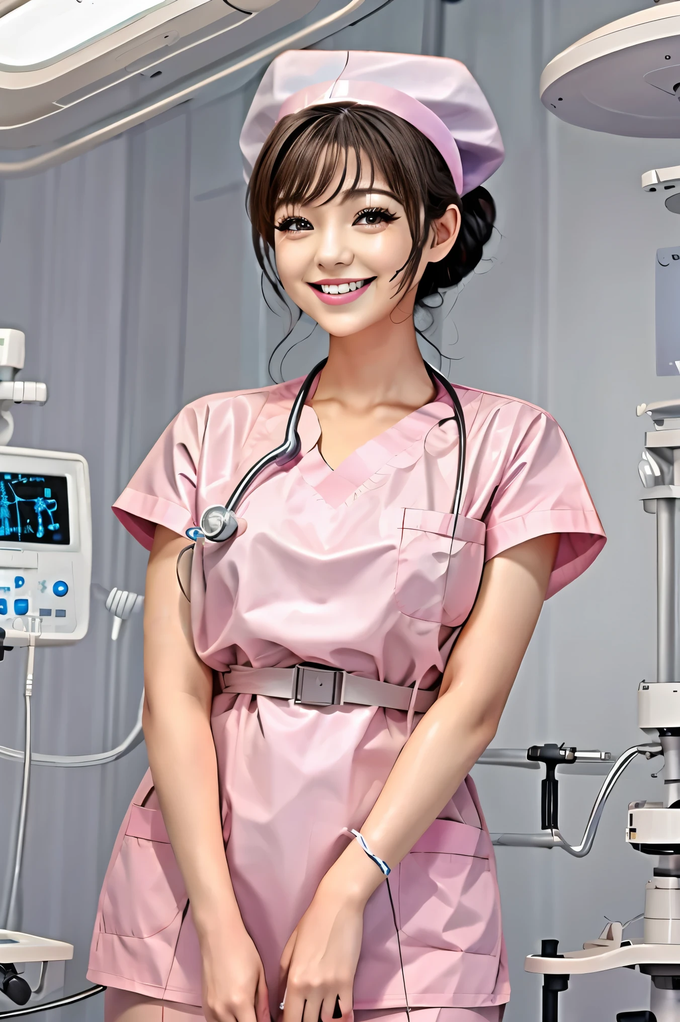 nurseの制服, SF Lab , nurse suit,nurse,Big Breasts,elbow rest on table or support,lab coat,dark-haired woman,grey eyes , gigantic ,Medical Devices,イギリス人nurse,two nurse, speculum ,Testing venue,is too big ,big butt ,strap on, puts ,spread your legs,,gynecological chair , Understood girl,,pink uniform,is too big (Highest Quality, high resolution, ultra detail:1.2), realistic, bright colors, , (- Yield:1. detailed face and eyes, long eyelashes, beautiful smile,