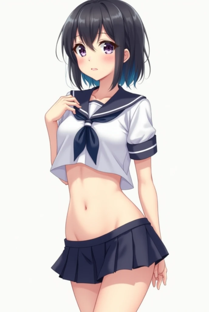 masutepiece, Best Quality, High resolution, Ultra High Resolution, depth of fields, Ultra-realistic 8K CG，tmasterpiece，（（Ultra detailed backgrounds，delicate patterns，intricate-detail）），best qualtiy，very vey very detailed face，extremely detailed eye and face，Very detailed eyes，kochou shinobu，O cabelo multicolorido，No bangs，Hair intake，Purple Eye, Countless butterflies flying around，a woman in a sailor's uniform posing on a bedroom, 1girl, solo, hat, black hair, skirt, navel, sailor collar, breasts, midriff, armpits, sideboob, looking at viewer, smile, sailor hat, white skirt, shirt, pleated skirt, arms up, white shirt, long hair, black eyes, arms behind head, medium breasts, bangs, crop top, sleeveless, open shirt, breasts, spread leg, no panties, pussy, from side