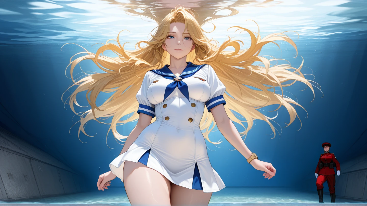 close up, 1 girl, sailor, Tsukino Usagi, (a sailor suit:1.2), (aqua eyes:0.9), Blonde hair, Medium Hair, wedge skirt, Best Quality, earrings, masutepiece, High resolution, Intricate details, (Realistic)), Photography, (White elbow gloves:1.1), Jewelry, medium breasts, Full body, dynamic background, Dynamic Pose, white