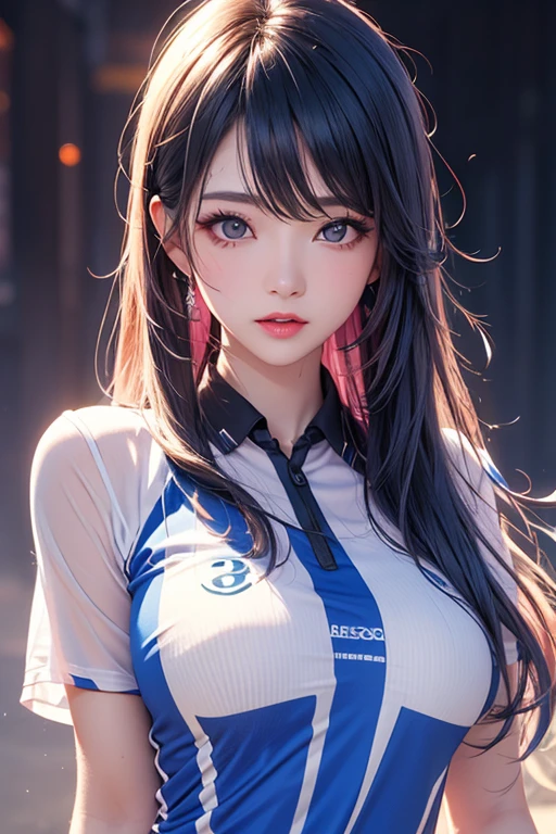 large breasts,whole body,beautiful face,ponytail,daytime,crowd of people,masterpiece, extremely fine and beautiful、Sambar Punk、Holds a red mechanical sword。black jacket、jacket is open、combat readiness