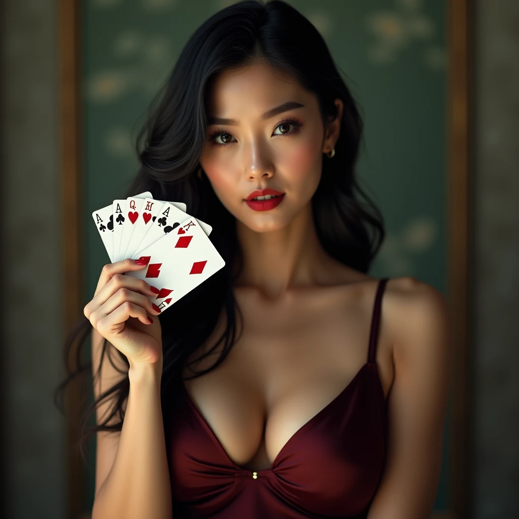 an attractive pretty Asian white women live casino,black dress,strapless, 4k, echi, uhd image, exclusive, ellegance, dark bluecadet and gold colour, ultrarealistic, photorealistic , taken with 100mm kodak photo studio, full body , hand take poker card,bright, bright studio lighting , no background, flat white background --ar 74:63 --v 6
