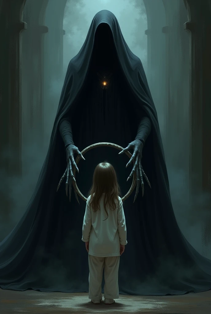 Abused 13 year old orphanage  girl kneeling  in the dark overshadowed by  a priest and a glowing fiery butterfly in the distance