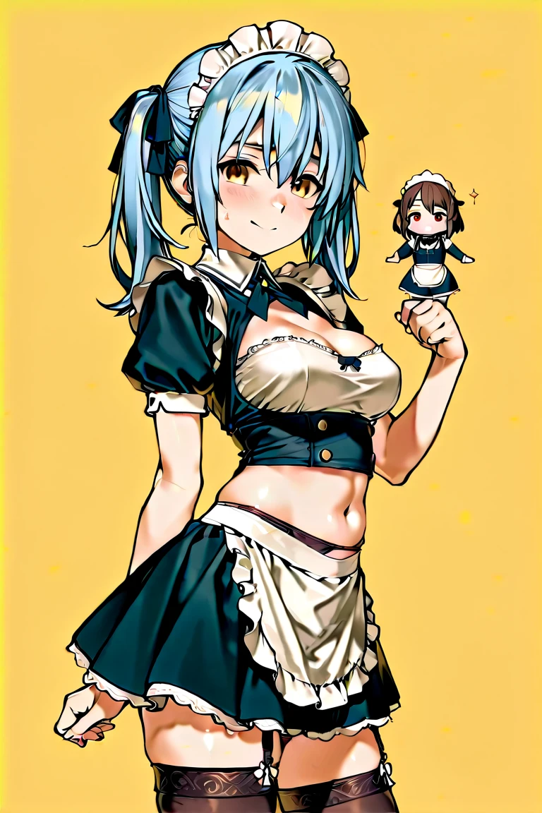 (masterpiece, best quality), 1girl, <lora:nonono_(dream_c_club)_v1:0.8> aanonono, short hair, ahoge, hair ornament, breasts, bare shoulders, neck ribbon, loetard, sleeveless, detached sleeves, apron, thighhighs