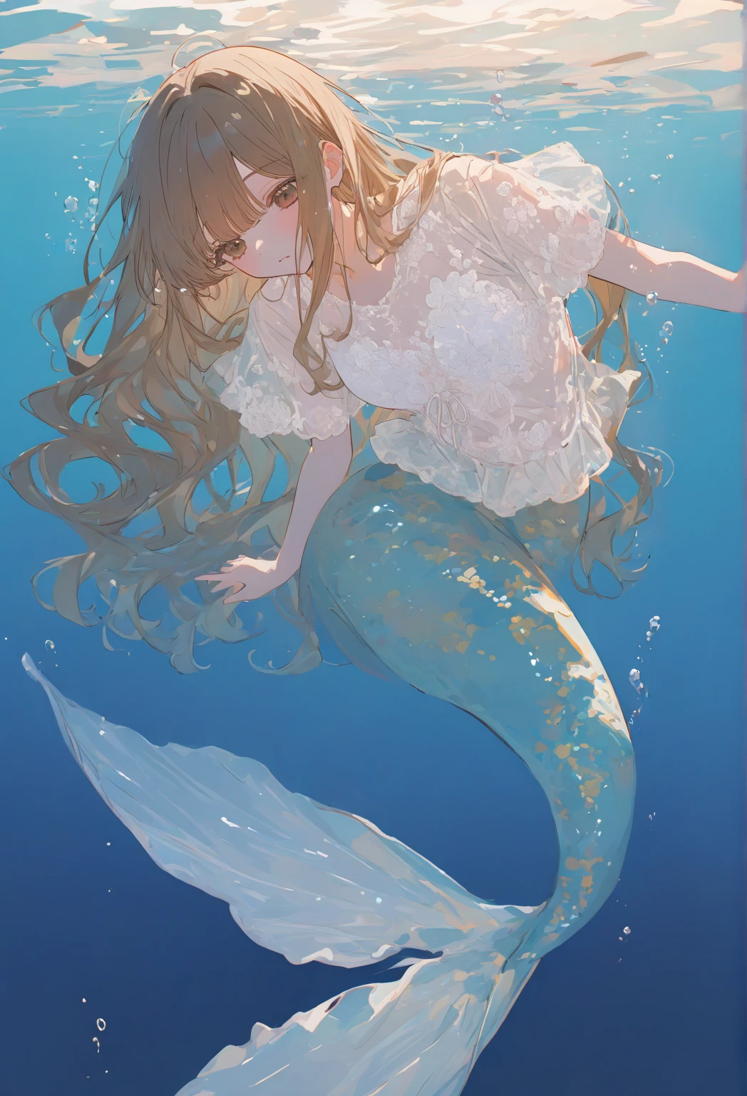 Mermaid, an artwork of a woman in white skirt and flowing white hair under water, 1 girl, skirt, In the water, Solitary, Long hair, Close your eyes, Brown hair, air bubble, barefoot, bubble