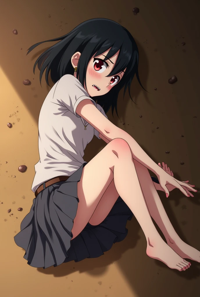 1 girl, solo, very young, black short hair, bangs, straight hair, orange eyes, very angry, evil, mad, plain white shirt and black shorts, playing in a sandbox on the playground, shot from below, looking at viewer, barefoot, one foot above viewer, standing on one leg, focus on sole, foreshadow on sole, there is ketchup on her sole