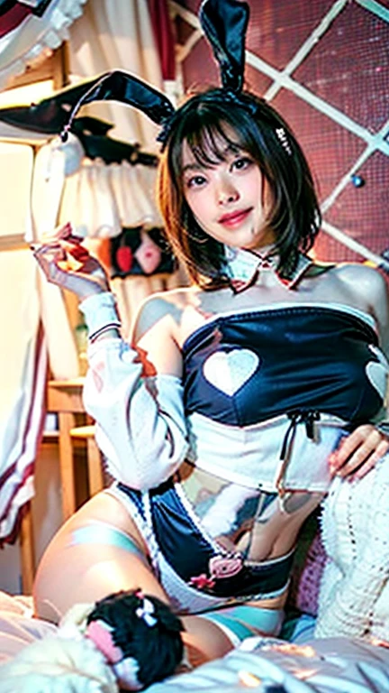 NSFW、BDSM Pink Bondage、black fishnet tights、button、restraints、tied up、I can see your belly button、sensual pose、Crouching panty shots、Don't cover your lower body、(8K、highest quality、masterpiece:1.3)、Brown Medium Layer Cut Hair、best smile、professional writing、photo studio、white background、(Balloons are flying:1.4)、penis