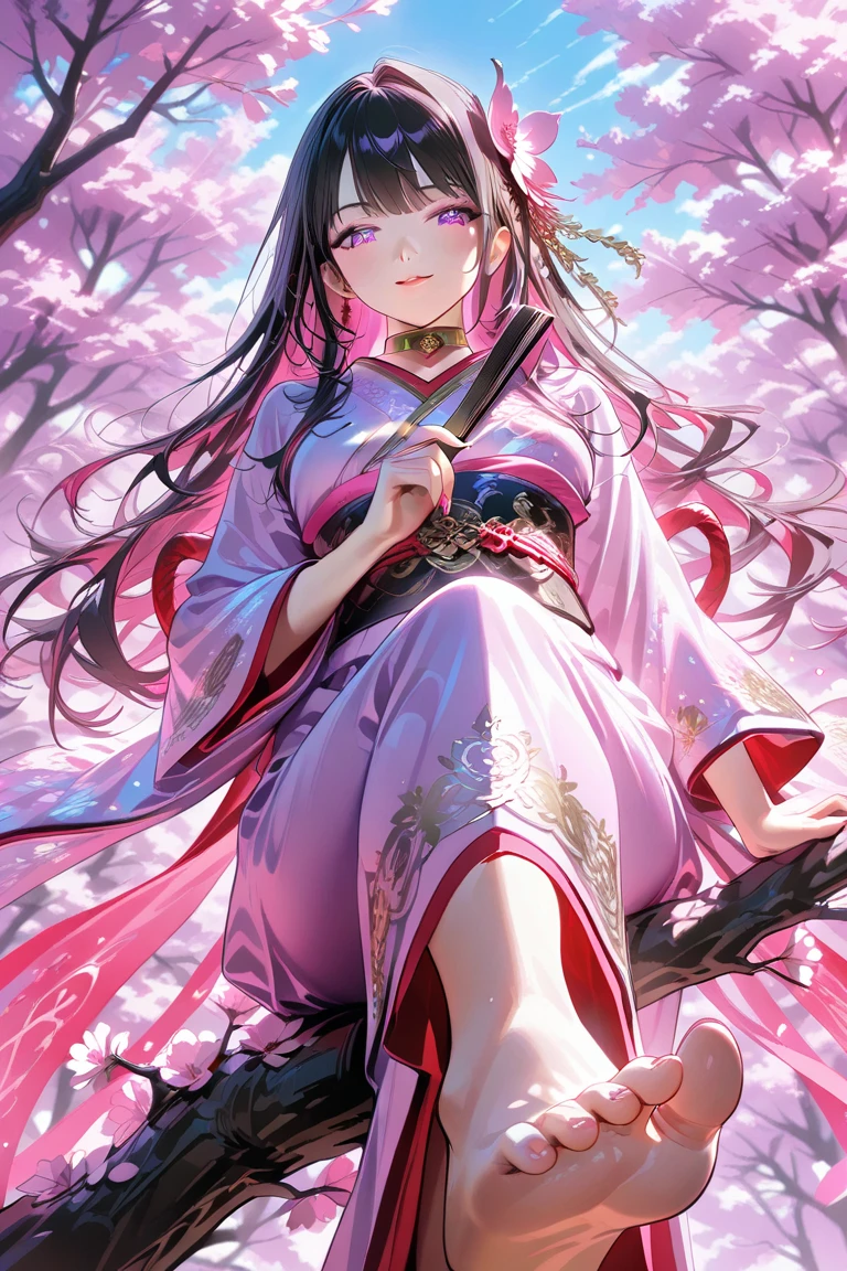 A beautiful 2D anime-style scene of Konohanasakuya-hime, the mature goddess of cherry blossoms, sitting firmly and gracefully directly on a thick sturdy blooming sakura tree branch, high above the ground. The camera angle is a strict bird’s-eye view, strong top-down perspective, clearly viewed from directly above, absolutely not from below. She wears a flowing traditional Japanese kimono in soft pale pink and vivid red hues, decorated with intricate golden embroidery and sakura motifs. Her kimono is slightly loosened at the collar, showing a glimpse of her graceful, full bust. Her long black hair flows gently with delicate pink inner highlights only (no blue, no purple). Her kimono sleeves naturally hang downward with gravity. She is barefoot, securely perched on the branch, holding an elegant golden folding fan gently in her lap. Around her, an intense swirling storm of vivid pink cherry blossom petals fills the air, weaving in the spring breeze. The thick ancient sakura branches intertwine protectively around her. Far below, a calm spring lake reflects the vivid midday sky. Highly detailed 2D anime style. Not realistic. Not 3D.