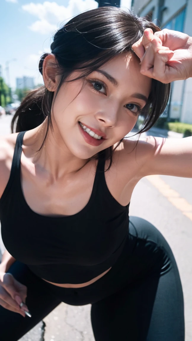 (8K, highest quality, masterpiece:1.2), (realistic, realistic:1.37), ultra detail, 1 girl,cute,alone,beautiful and detailed sky,date,(blush),(smile:1.15),(closed mouth)small breasts,beautiful and fine eyes,(long hair: 1.2),Floating hair NovaFrogStyle, Upper body, Tank top