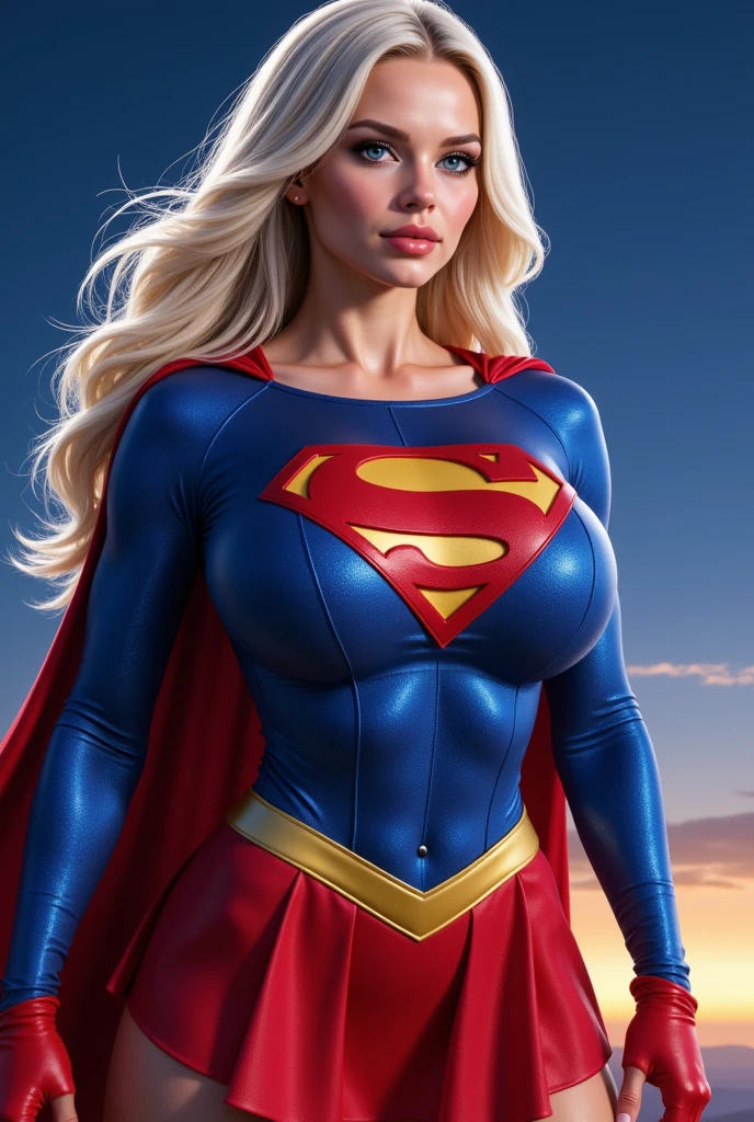 Thick White women with curly blonde hair with blue eyes as super girl 