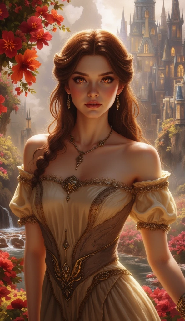 Style-NebMagic, award winning character concept art the Belle from Beauty in the Beast, solo, dark brown_hair, beautiful gossamer shimmer gown that is multicolored, brown eyes, smile, cleavage, large_breasts, lips, wavy hair ,looking_at_viewer, eyelashes, solo, full body, highly detailed 8k character concept portrait studio lighting by Annie Leibovitz and Steve McCurry octane render trending on artstation made in Maya 4K high quality digital painting dramatic lighting,
