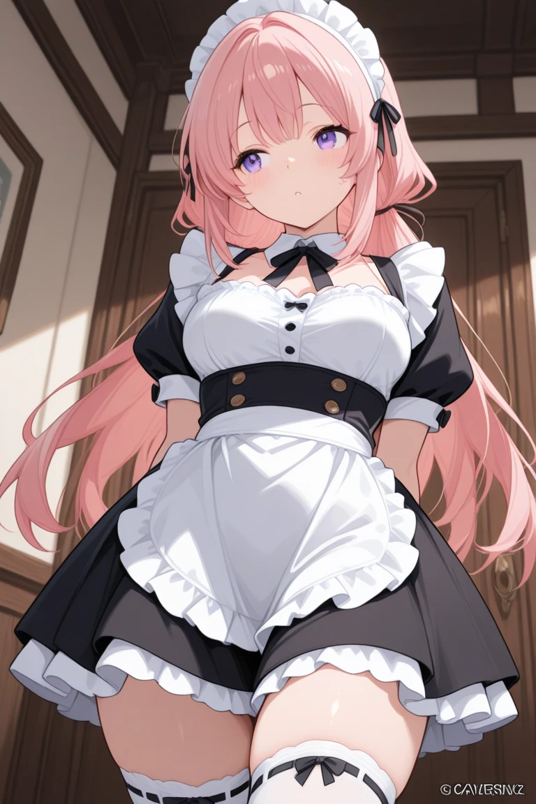 highest quality、masterpiece、((1 girl:1.5))、((smile:1.3))、(blush:1.4)、Black Shirt、blouse、((fun!!))、(Small breasts)、(Pink)、Blonde、(Long sleeve)、((White apron:1.5))、((Maid))、((hair ornaments)),、Kamimei、look at me、 ((in house:1.5))、 Taking a break from watching the audience、Cowboy Shot、((Shaved:1.5))、(Roll-up skirt:1.3)、(Fully exposed and highly detailed labia:1.5)、((Skirt lift:1.5)),()、()、、(スカート that rolls up:1.3)、()、Light blue eyes、long hair、Glowing Eyes