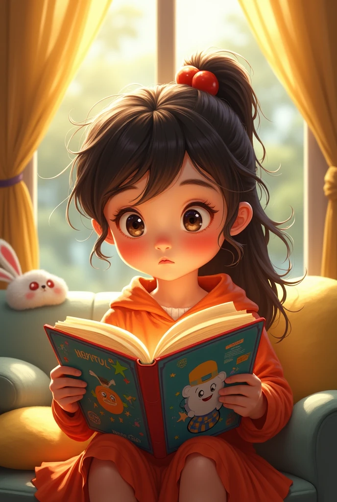 5-year-old girl reading a book, MAC ON DESK, bookshelves, Sunlight outside the window,.
