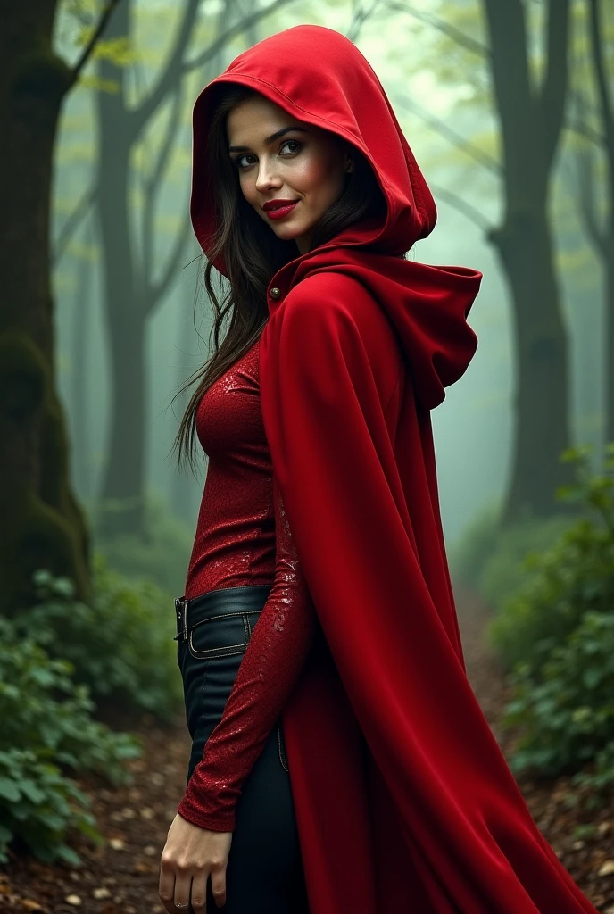 (a photo of a huntress with a grizzly), hunting, shotgun, realistic photo, (sexy and beautiful face), shiny skin, glossy skin, sunset, nipples, cleavage, sexy hunting outfit, red cloak, hood, holding, (upper knees shot), forest, intricate details, ultra-realistic, high saturation, high contrast, 35mm raw photo,