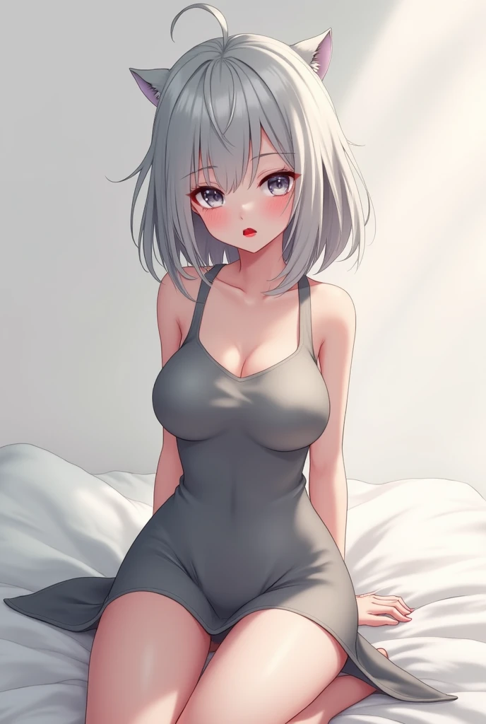1 girl,pale hair,Crevice,Cleavage,pallid,pale colors,pale eyes,masterpiece,best quality,very aesthetic,absurdres,blue eyes,nightgown,indian style