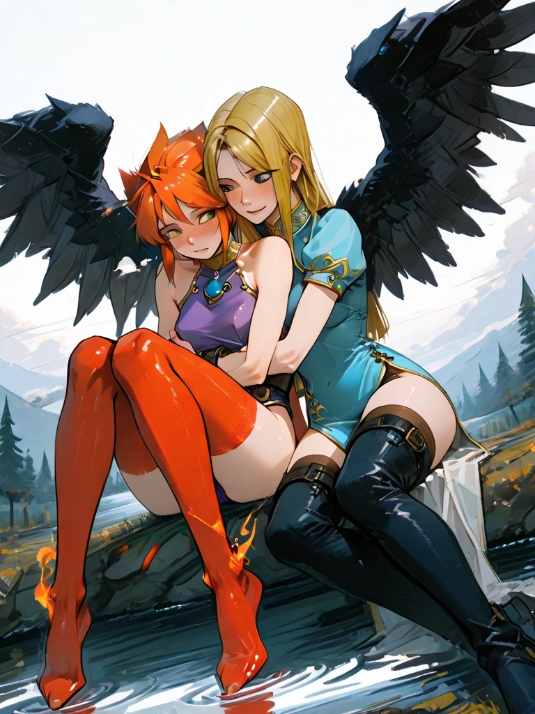 1 girl, ig model, league of legends, xayah, bird ears, action pose, arms up, arms behind head, red hair, brown eyes, lewd face, sexy, red bra, rad panties, cleavage, armpits, large breasts, wide hips, thick thighs, muscles, abs, realistic, ray traced, jungle, grass, trees, night, stars, moon, clouds