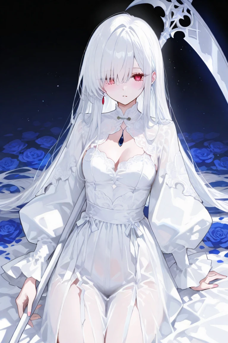 Young girl, long white hair, messy hair, red eyes, pale skin, revealing white dress, see-through dress, veil, masterpiece, high quality, big chest