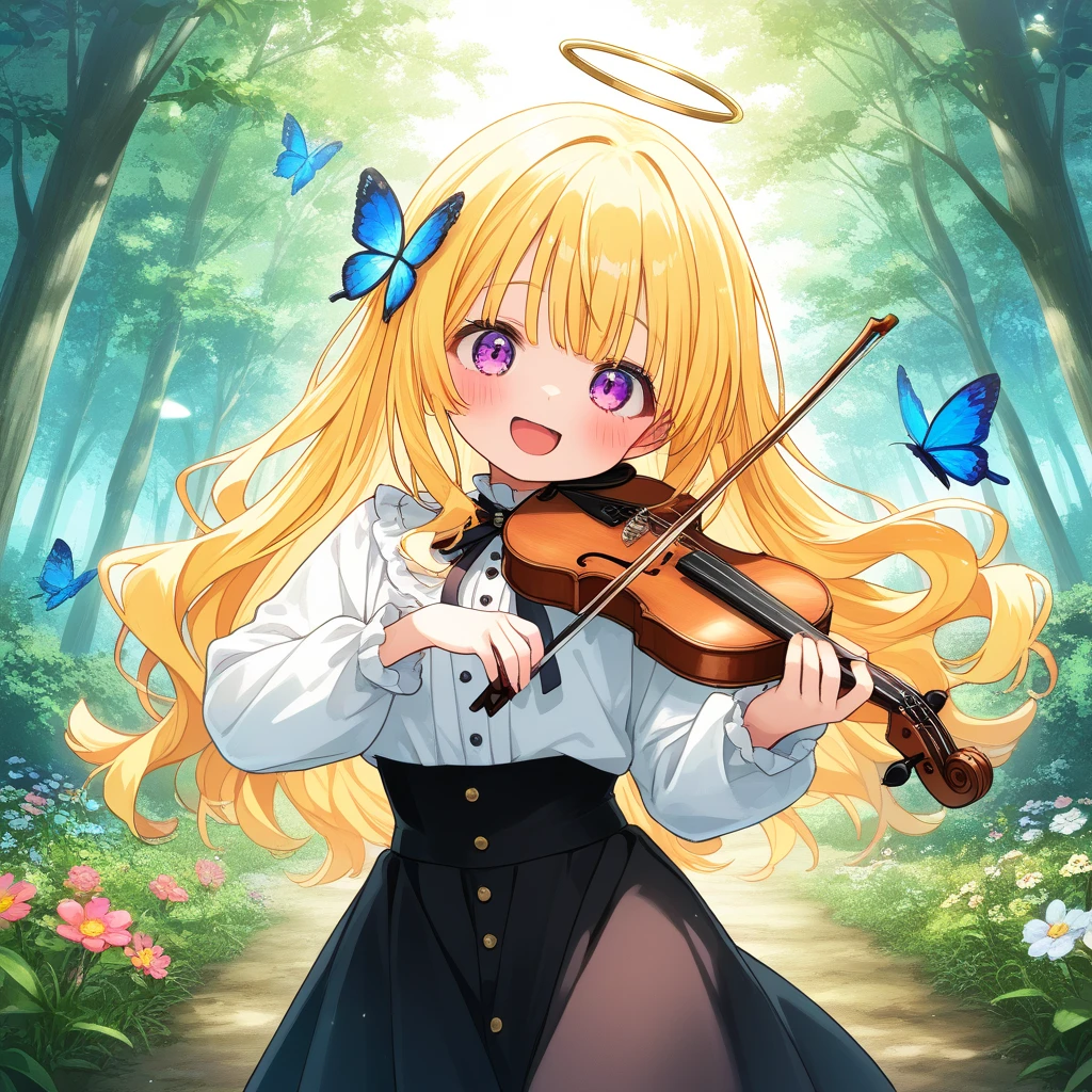Highest Quality、masterpiece、fancy、1girl、 Gold hair、wavy hair with a graceful expression、fluffy long hair、blouse、 laugh、blush、is young、playing the violin、rabbits and birds gather、animals listen to her music、Forest concert、Butterflies and flowers、Detailed Background、cute、Cute Lolly、石の舞台に立つ、白いうさぎが見ている