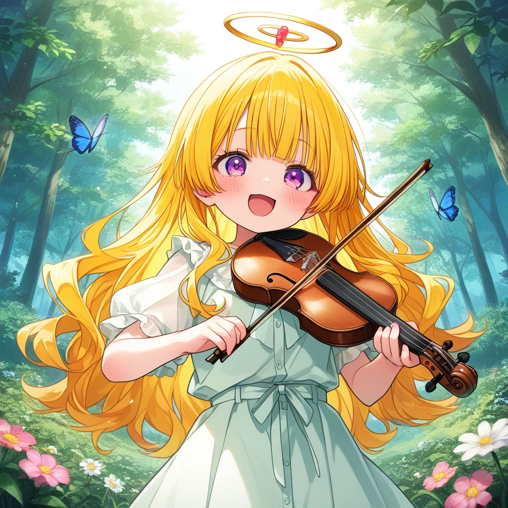 Highest Quality、masterpiece、fancy、1girl、 Gold hair、wavy hair with a graceful expression、fluffy long hair、blouse、 laugh、blush、is young、playing the violin、rabbits and birds gather、animals listen to her music、Forest concert、Butterflies and flowers、Detailed Background、cute、Cute Lolly、石の舞台に立つ、白いうさぎが見ている