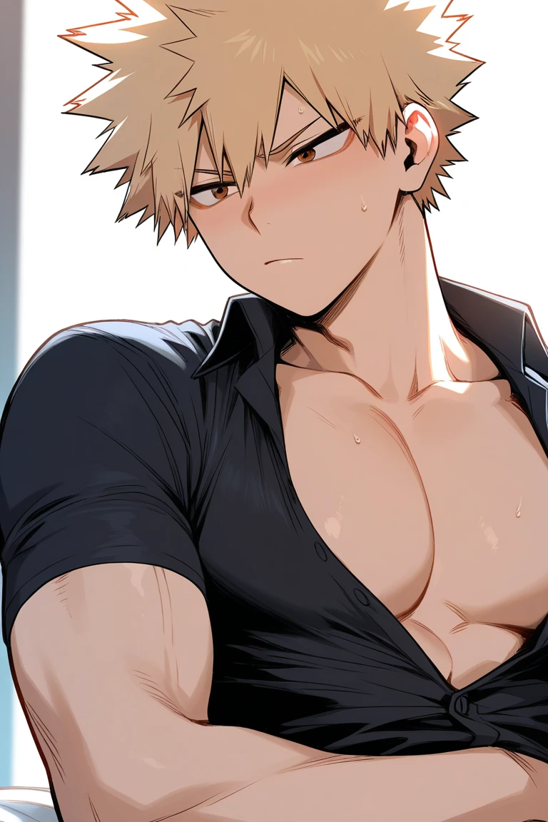 (masterpiece, Best Quality),Katsuki Bakugo,The whole body of ager boy,teen face,Body tilt,delicate big eyes,Open your eyes,,smooth and delicate skin,Short square face,Surprised expression,red eyes,finely detaild face,well-muscled,with an intricate,nakeness,(backbone:1.2),the night,vivd colour,(depth of fields:1.2),Raised sexy, restrained arms,leather collar, bed room, bdsm, thong, angry, blushing, youthful