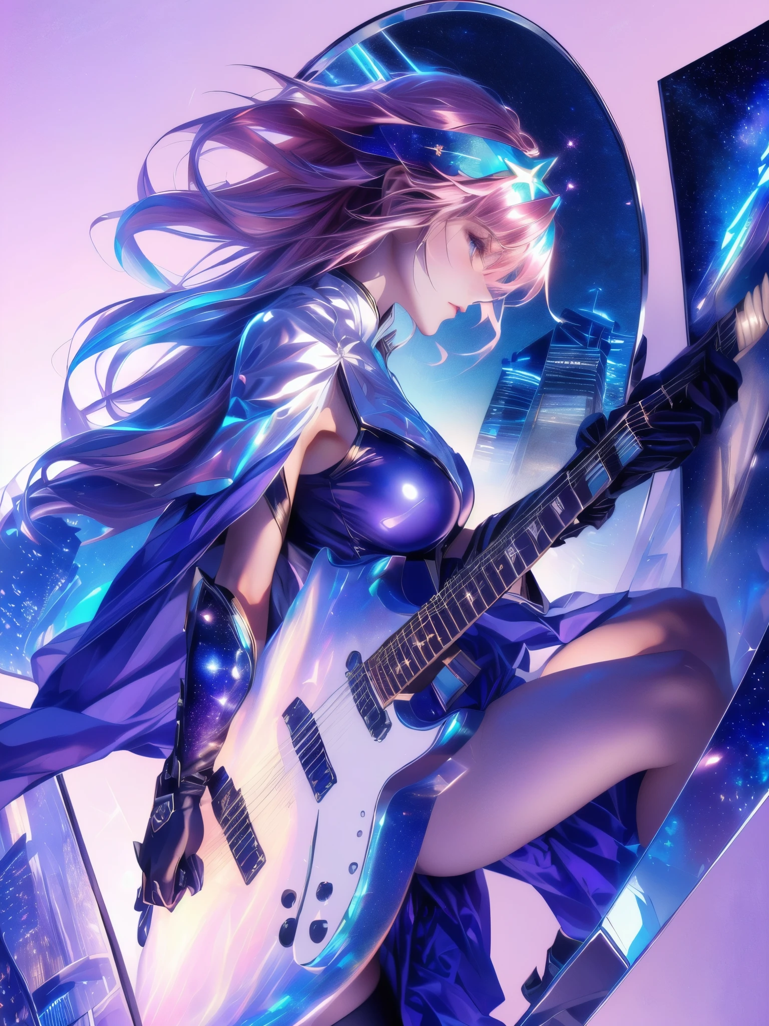 A girl holding a guitar in her hands、 (( holographic gloss effect)),detailed explanation 、(( Highly Detailed CG Integration ), CGSoation Trends、 Campbell,, star hair ornament, hair ornament, pink hair, long hair, gloves, purple leotard, white leotard, tight leotard、Big Breasts、Thighs、, Thin Smile 、Dynamic Poses、gravure、DYNAMIC ANGLE、、(( Dramatic Graphic Backdrop :lots of skyscrapers:1.5), (( Mirrored floor ))、、light vortex、starry sky ,) ),score_9, score_8_Excellent, score_7_Excellent, 32K , super real, cowboy shot with your arm through your sleeve, (( Highest Quality)),( Super High Resolution),( a woman's low angle seen from the front)