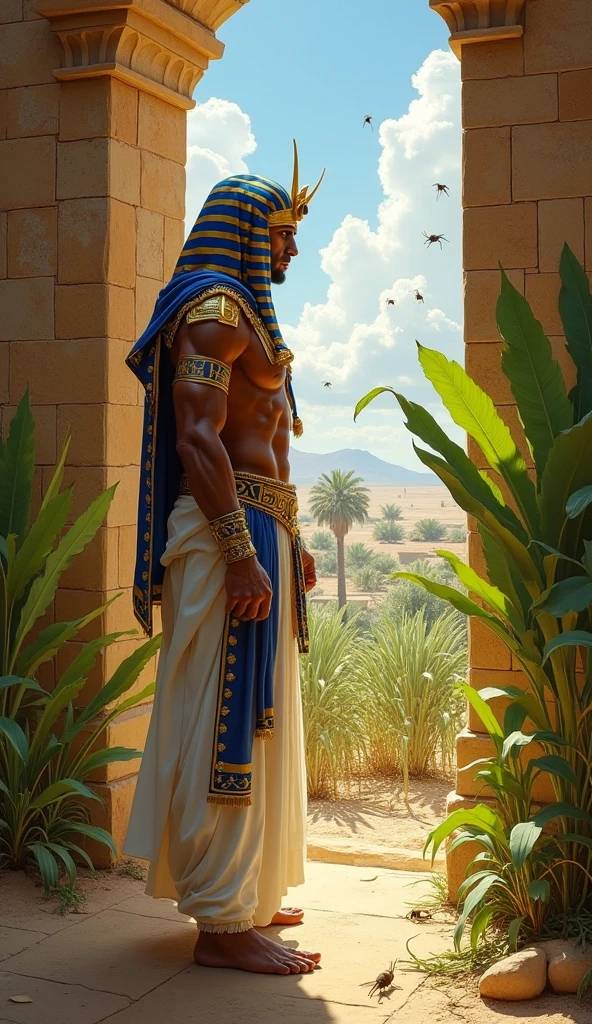 Sheldon Cooper dressed as an Egyptian pharaoh. In the background the pyramids of Egypt. Photorealistic, hyperdetailed, high quality,